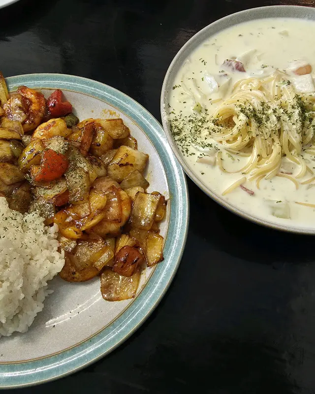 어향가지덮밥과 크림 파스타