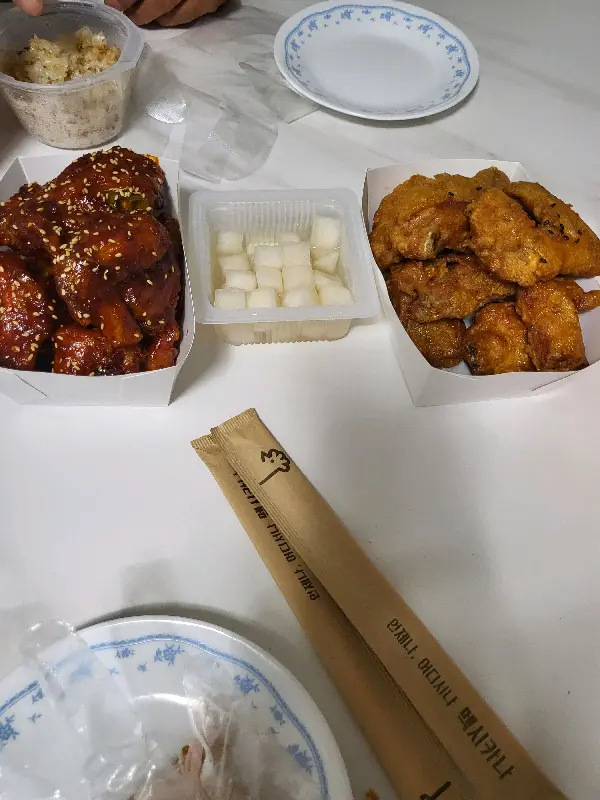 포장되어 나온 양념치킨과 후라이드 치킨