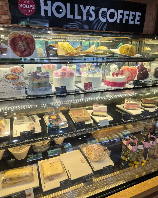 다양한 종류의 케이크가 진열된 쇼케이스