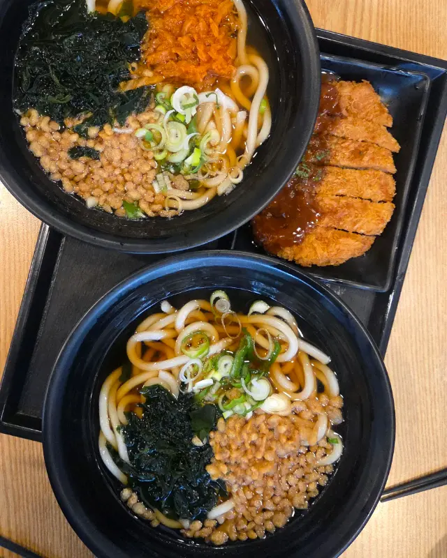 우동과 돈까스가 함께 담겨 있는 모습