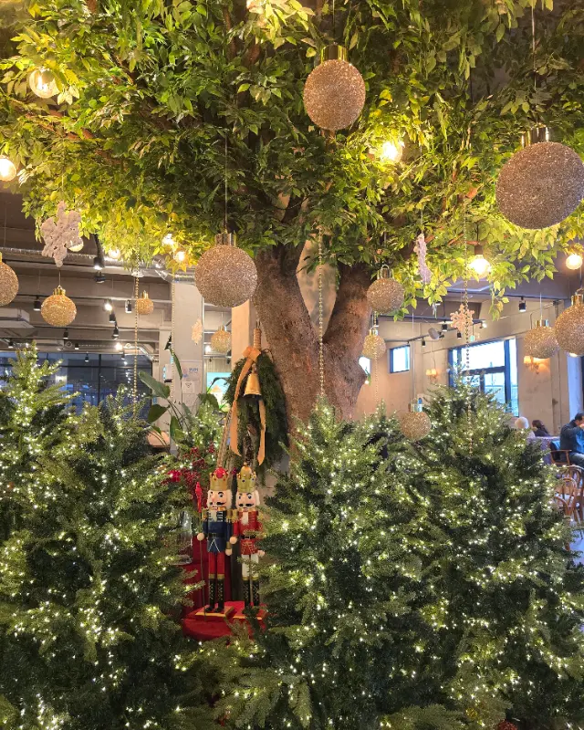 카페 내부에 설치된 크리스마스 트리와 장식들