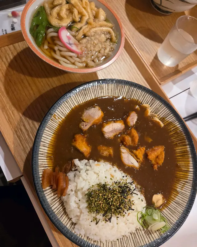 카레라이스의 모습, 밥 위에 가라아게와 김가루가 뿌려져 있고 카레는 살짝 매콤해 보인다.