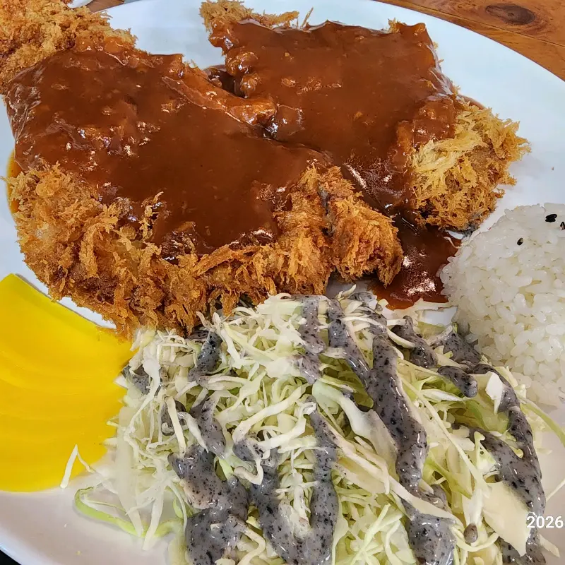 큼지막한 돈까스 두 덩이와 샐러드, 밥