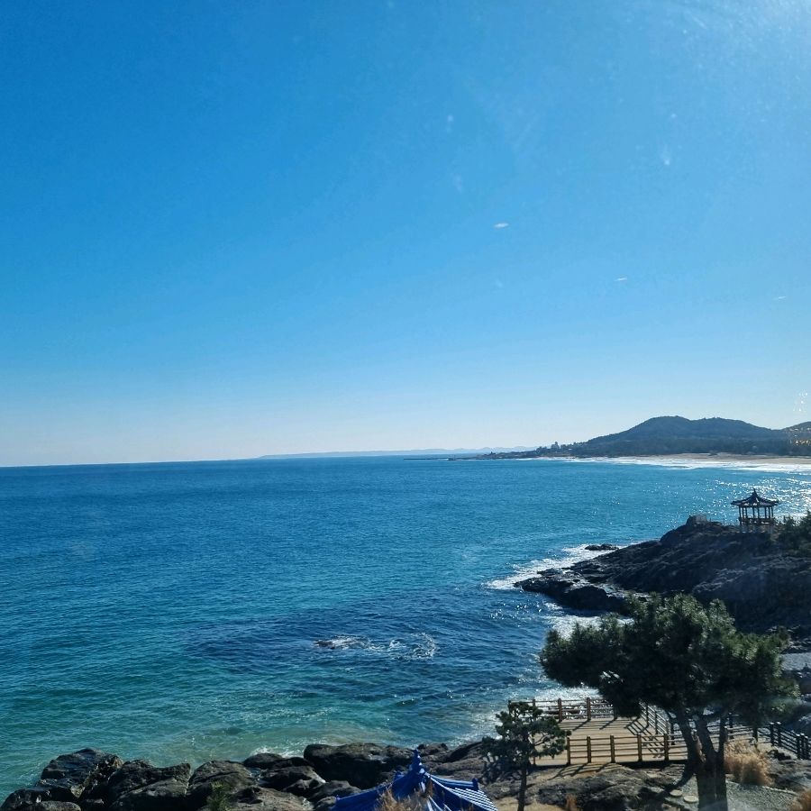 카페에서 바라본 푸른 바다 풍경