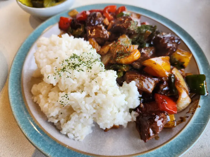 어향가지덮밥과 밥이 담긴 접시 사진