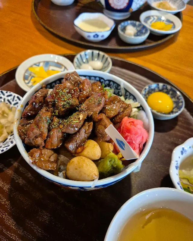 스테이크가 듬뿍 올려진 스테키동