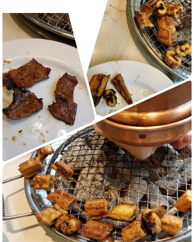 숯불 위에서 맛있게 익어가는 돼지갈비와 장어