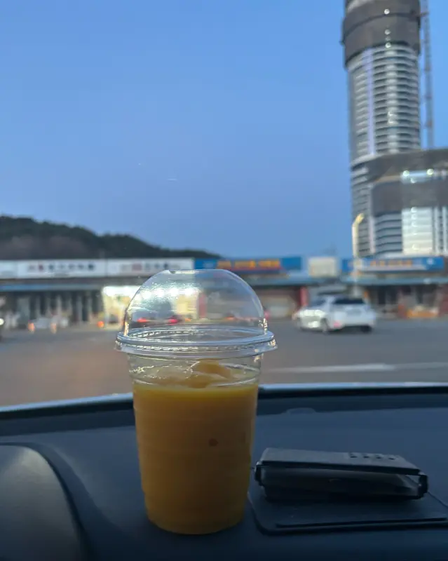 차 안에서 보이는 할리스 커피 음료