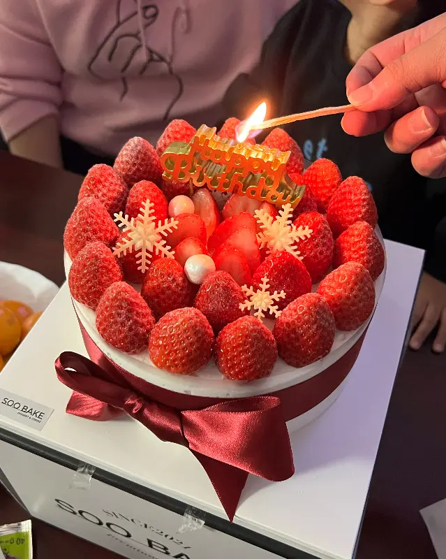 생일 초를 켠 수베이크 딸기 케이크
