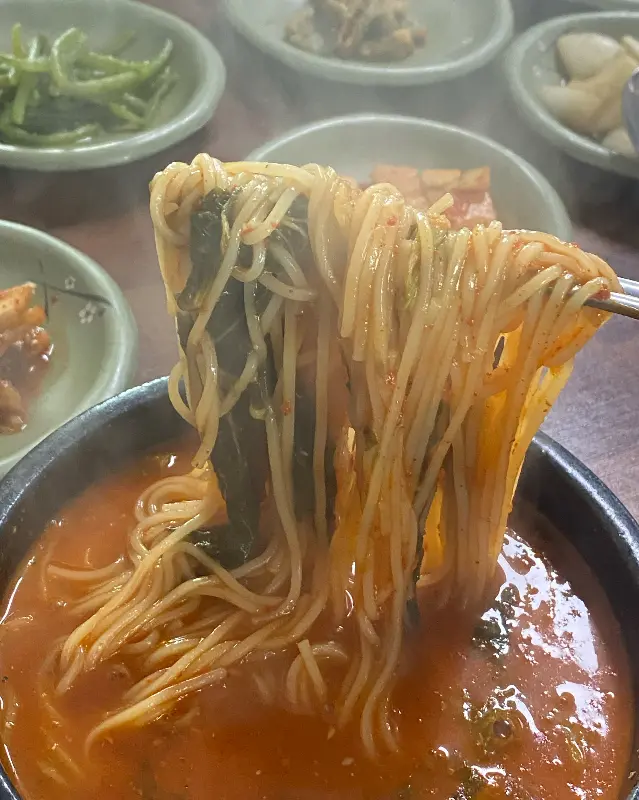 젓가락으로 면을 들어올린 모습. 면발이 쫄깃해 보인다.