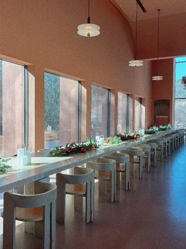 카페 내부의 긴 테이블