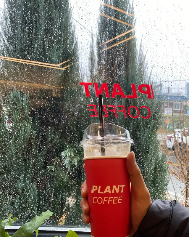 창밖의 푸른 나무와 붉은색 글씨가 조화로운 사진