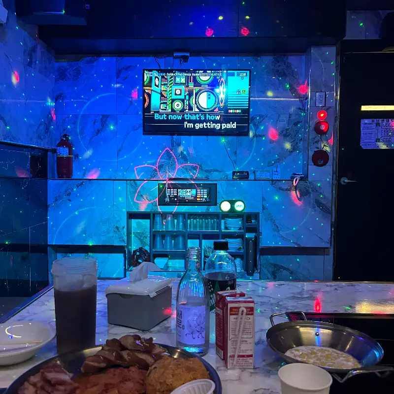 화려한 조명 아래 신나는 노래를 부르는 사람들