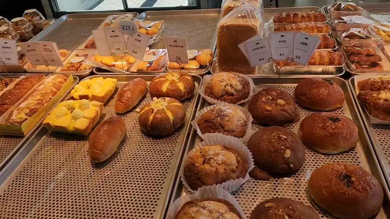 다양한 종류의 빵이 진열된 모습