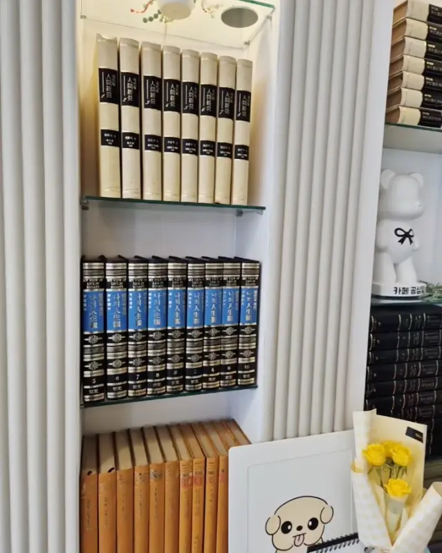책과 소품으로 장식된 벽면