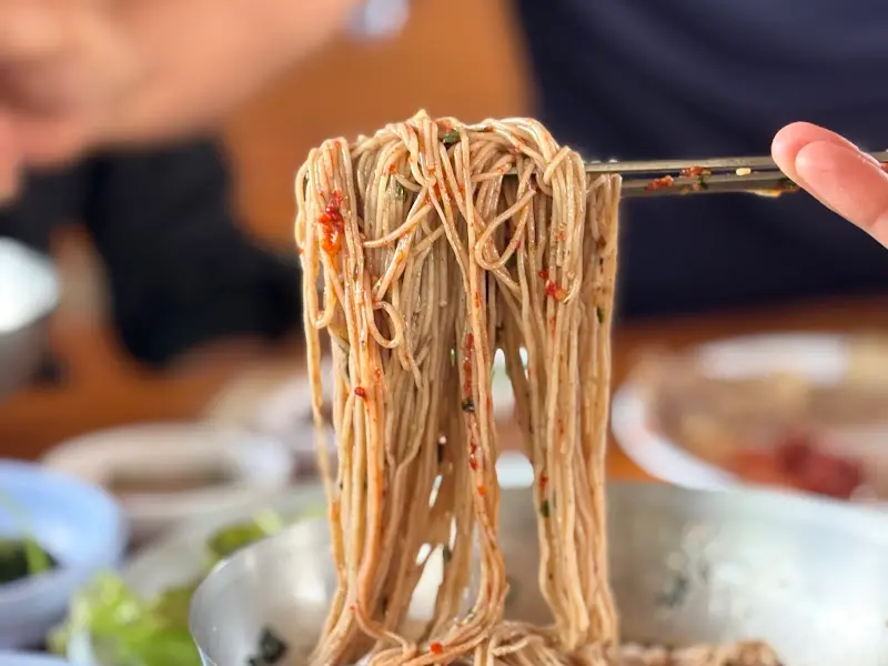 젓가락으로 막국수를 들어올린 다른 각도의 사진