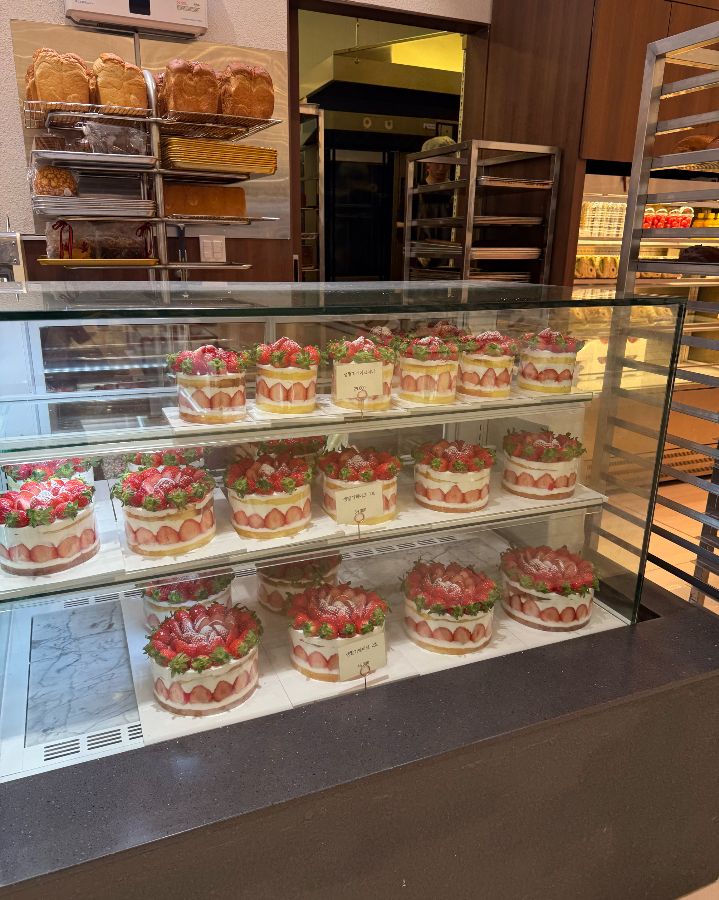 쇼케이스에 진열된 딸기 케이크들