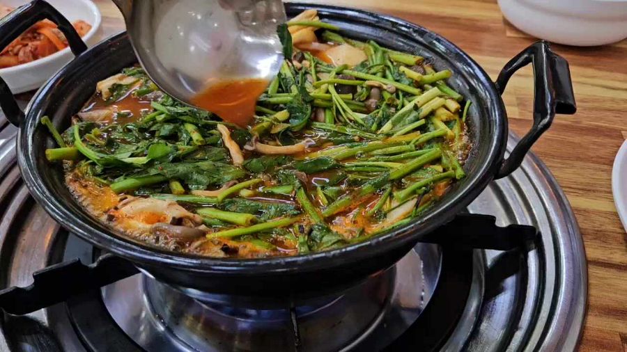 국자로 국물을 떠올리는 모습, 얼큰한 국물에 채소가 듬뿍 담겨 있다.