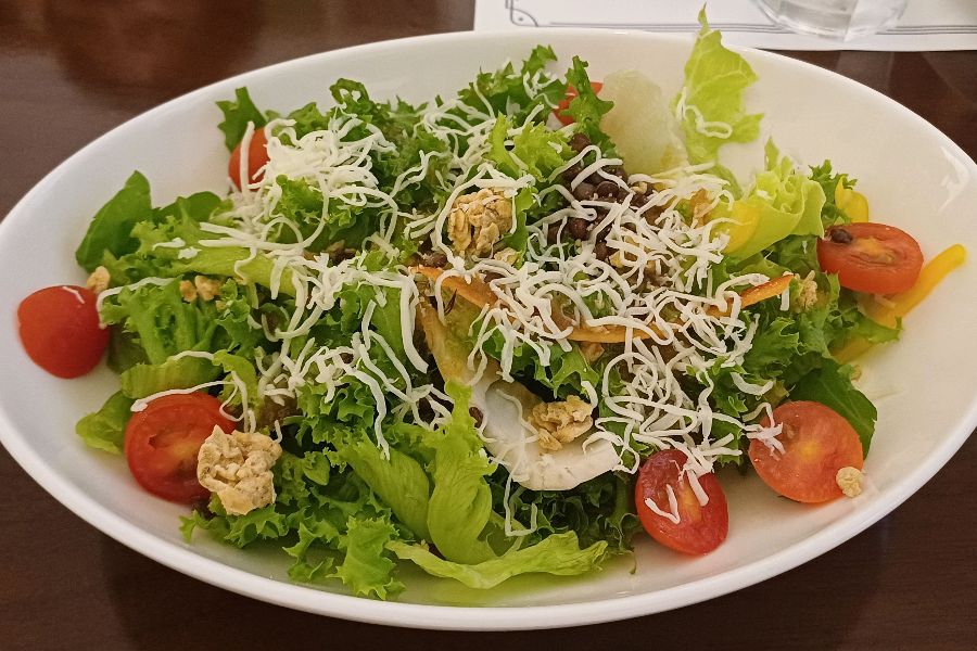 신선한 채소와 토마토, 치즈가 조화로운 샐러드의 모습