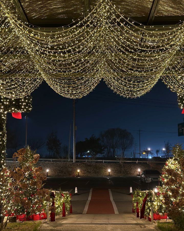 밤에 빛나는 카페 입구의 조명 장식