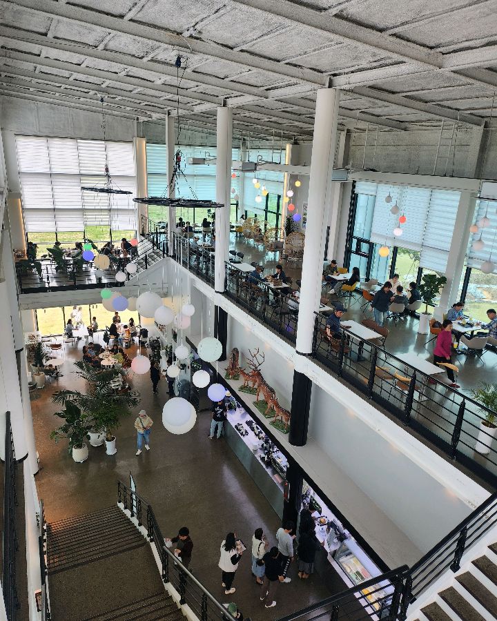 깔끔한 디자인의 테이크아웃 컵과 파스타, 빵이 함께 놓여있는 테이블