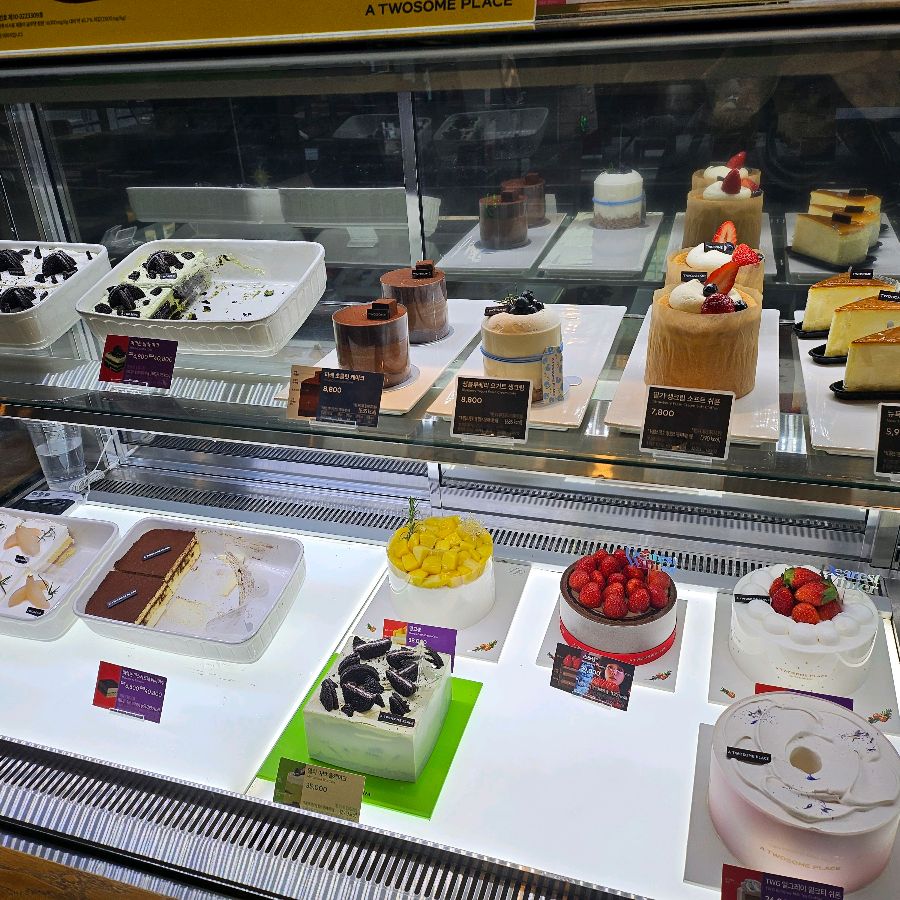 다양한 종류의 케이크가 진열된 쇼케이스