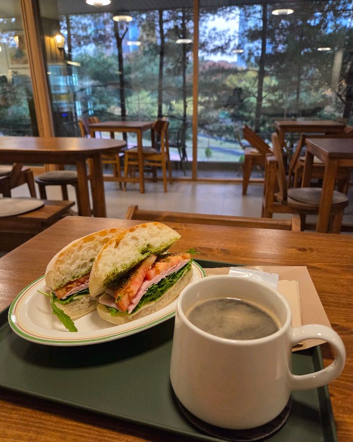 숲을 바라보며 즐기는 샌드위치와 커피