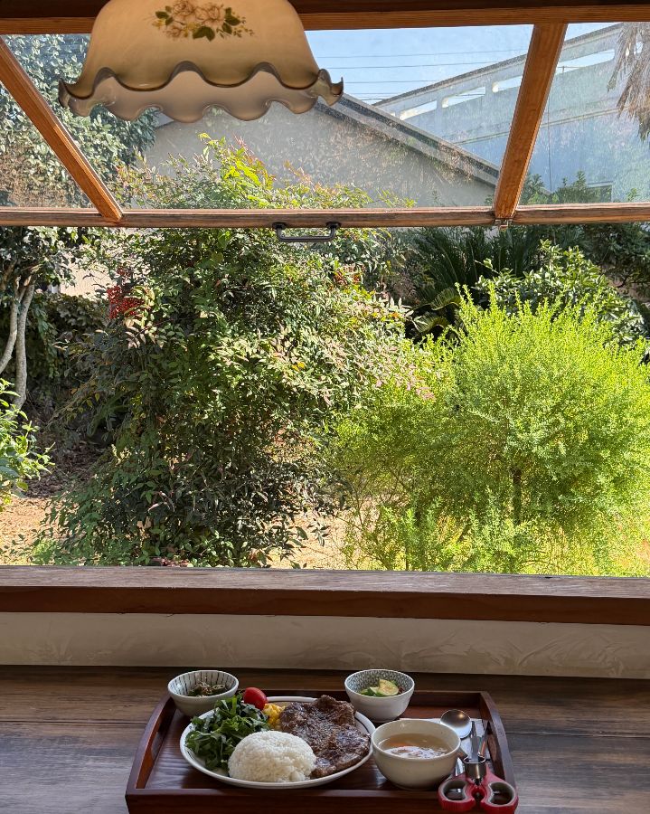 창밖으로 보이는 초록 정원의 모습