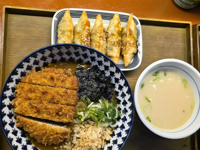 돈카츠카레덮밥과 만두가 함께 놓인 쟁반 사진