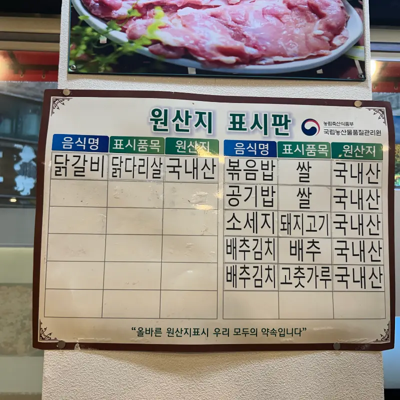 국내산 닭갈비 원산지 표시