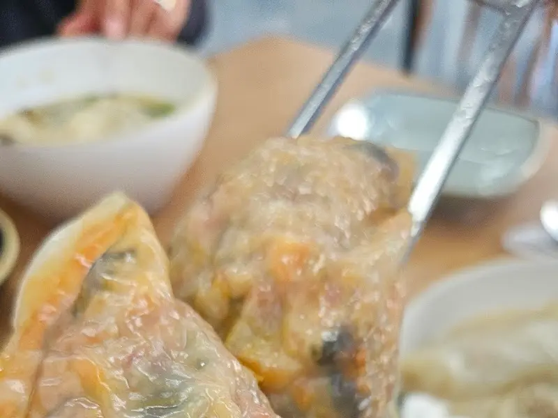 젓가락으로 집어 올린 김치만두의 모습