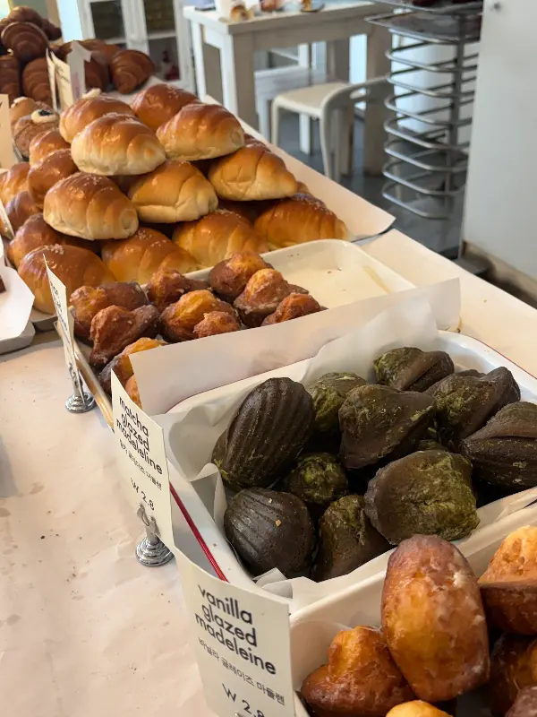 진열대 위에 놓인 소금빵과 마들렌