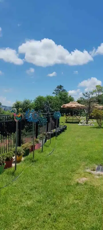 푸른 잔디와 파란 하늘이 어우러진 아름다운 정원