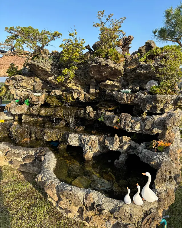 정원의 인공 폭포와 연못