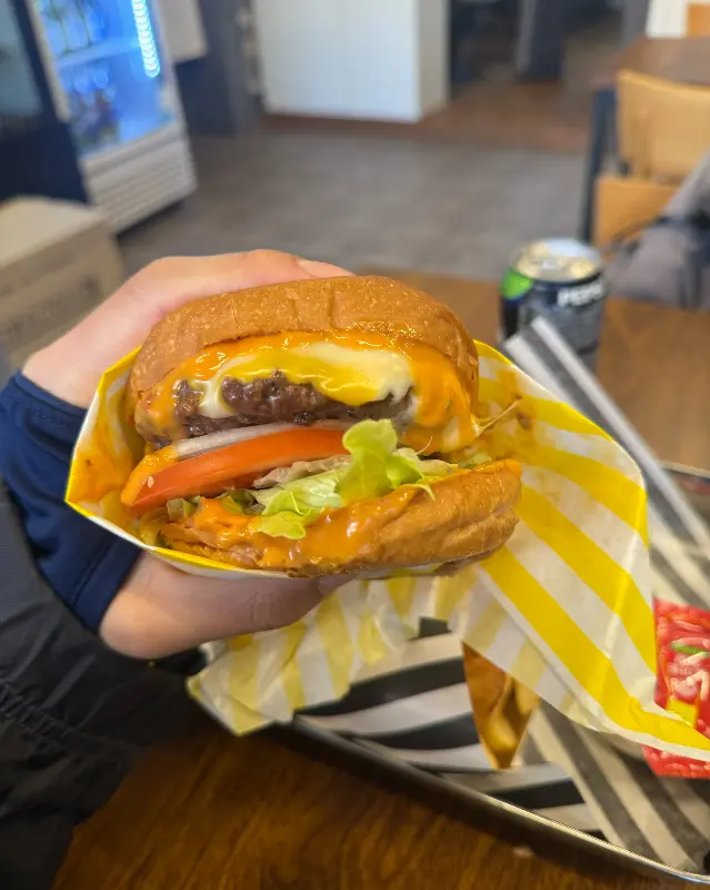 손으로 들고 있는 치즈버거