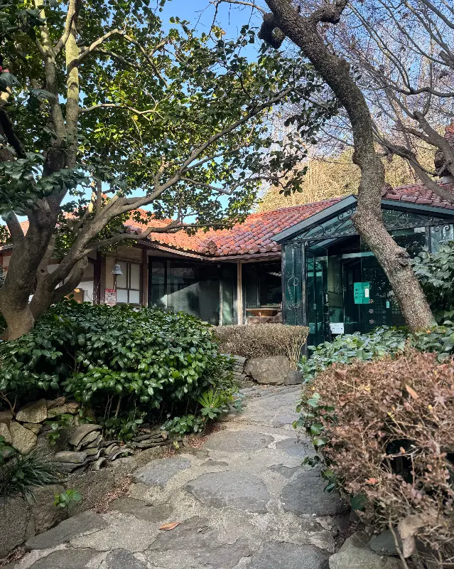 푸르른 나무들에 둘러싸인 카페 외부