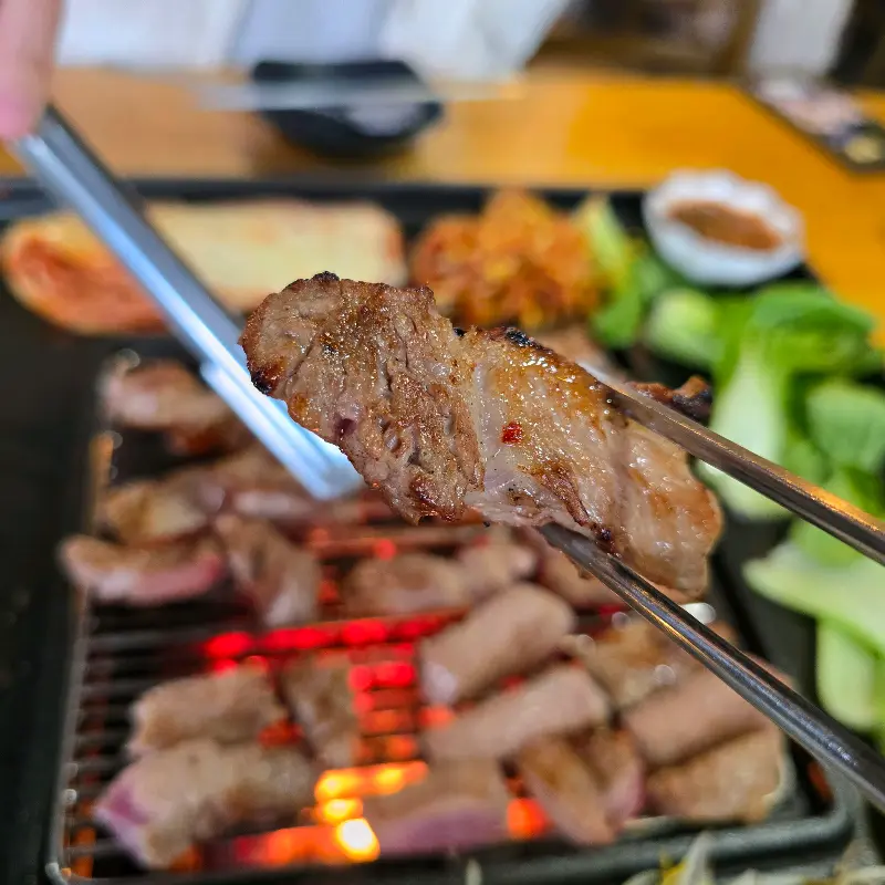 젓가락으로 집어 올린 삼겹살