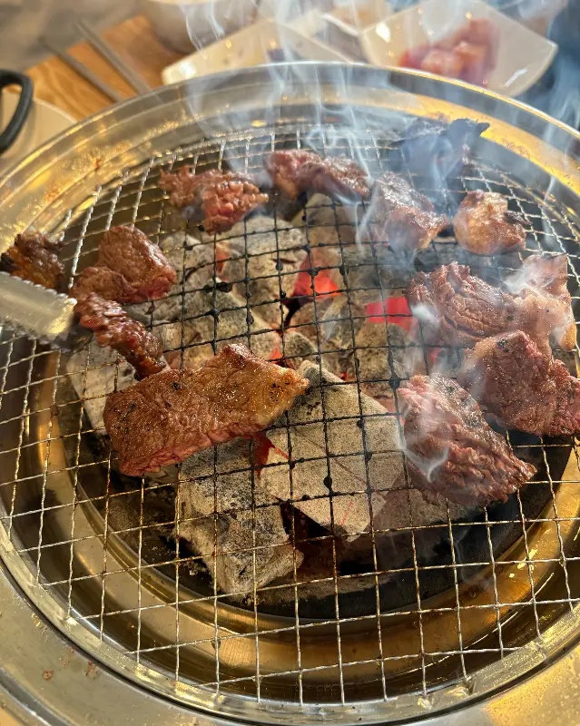숯불 위에서 맛있게 구워진 고기