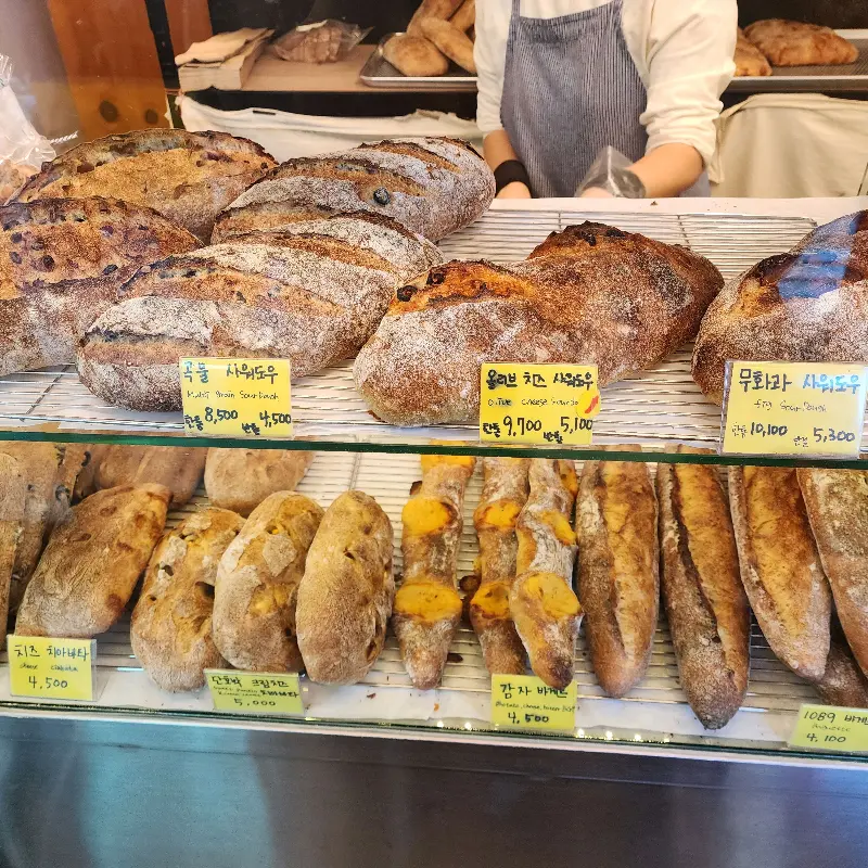 다양한 종류의 빵이 진열된 쇼케이스