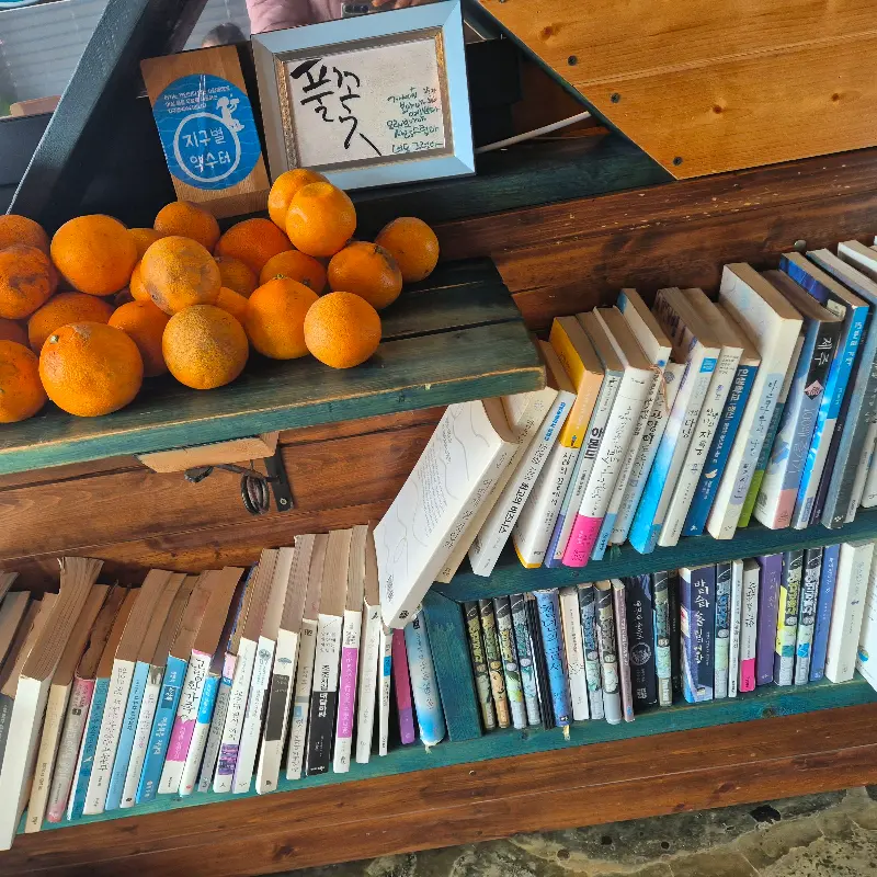 카페 내부에 비치된 책과 귤 장식