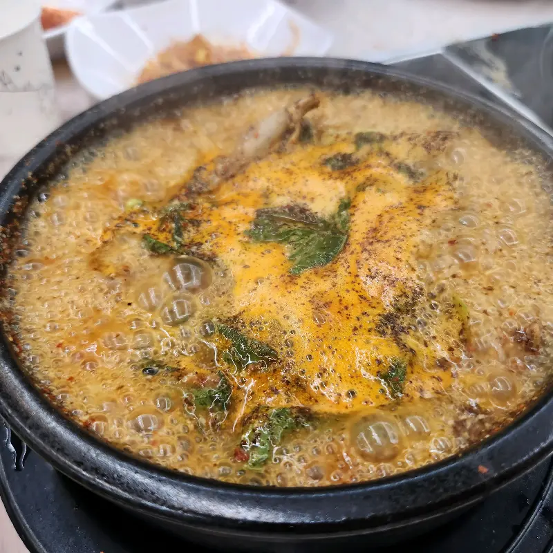 뚝배기에 담겨 팔팔 끓여져 나온 오리탕