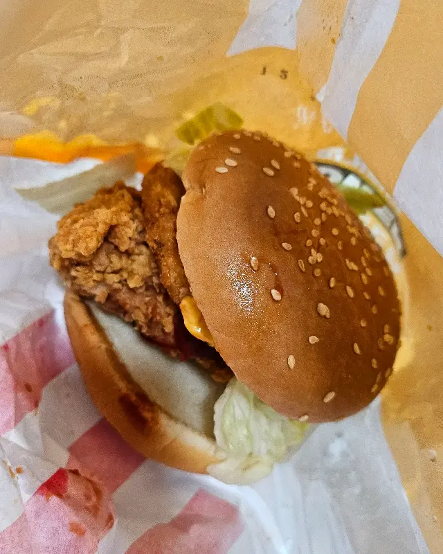 포장지에서 살짝 나온 징거버거