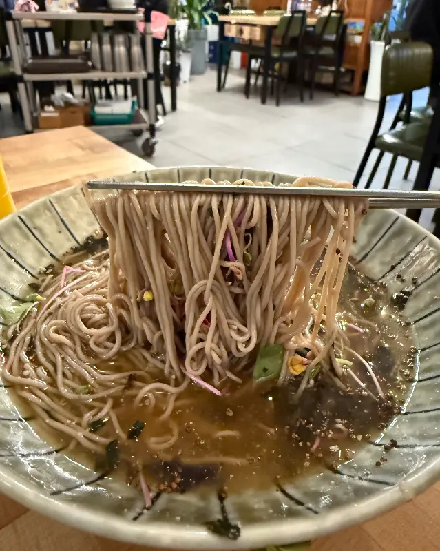 젓가락으로 들어올린 메밀면