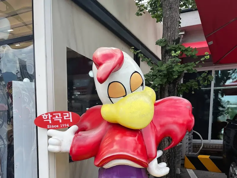 식당 앞에 세워진 닭 캐릭터 조형물