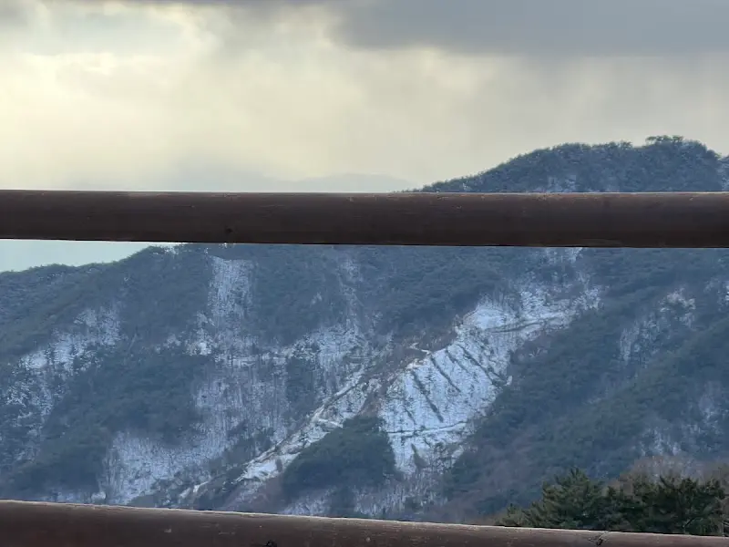 식당에서 바라본 겨울 산 풍경
