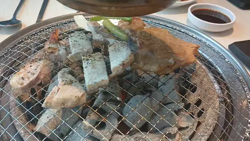 숯불 위에 올려진 다양한 종류의 고기