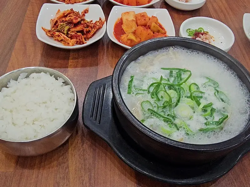 곰탕과 깍두기, 겉절이 김치가 정갈하게 차려진 모습