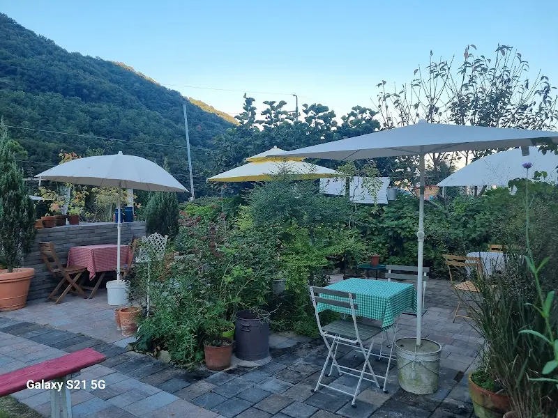 파라솔이 드리워진 야외 테이블 좌석