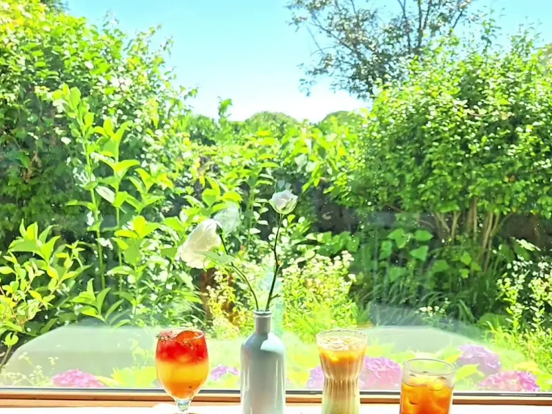 음료와 함께 보이는 푸르른 정원