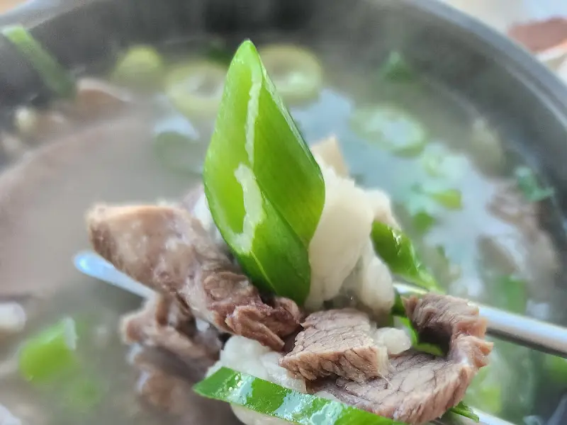 숟가락 위에 올려진 고기와 파